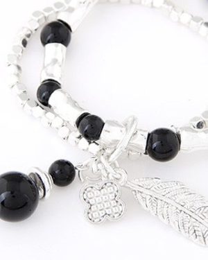 Black Beads Decorated Leaf Pendant Double Layer Bracelet