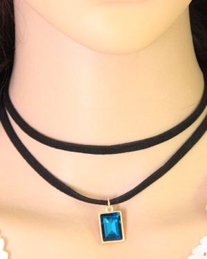 Blue Square Pendant Double Layer Choker Necklace