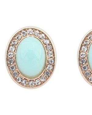 Light Green Oval Gemstone With Diamond Alloy Stud Earrings