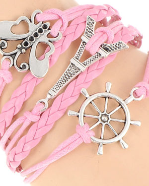 Pink Butterfly, Wheel & Eiffel Tower Shape Multilayer Bracelet