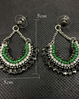 Retro Green Beads Weave Decorated Half Round Drop Stud Earring