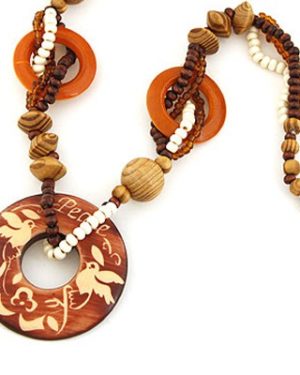Rhinestone Coffee Round Shape Pendant Wood Beaded Necklace