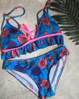 Ruffle Printed Rose Bikini Set